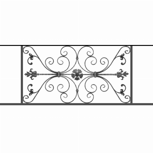 Appui de fenêtre type AF013 à sceller dans votre tableau de fenêtre. Longueur finie de 1440mm et Hauteur finie de 568mm. Convient pour les tableaux de fenêtre de 1340mm. 50mm de scellement sont prévue de chaque côté. Main courante laminée de 1340mm de long en fer forgé sur le dessus. Motif au centre de 1010mm de long par 540mm de haut. Le reste de la structure est en tube acier carré de 20mm de section.