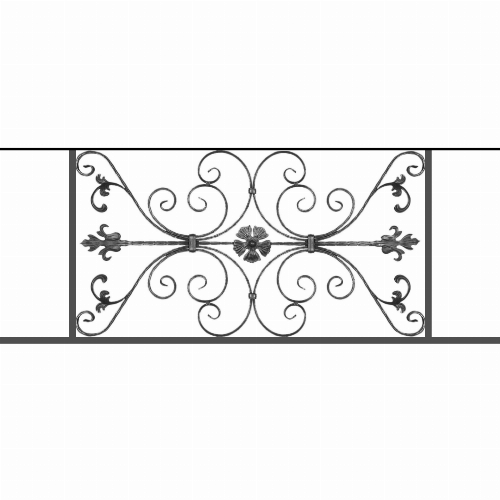 Appui de fenêtre type AF013 à sceller dans votre tableau de fenêtre. Longueur finie de 1450mm et Hauteur finie de 568mm. Convient pour les tableaux de fenêtre de 1350mm. 50mm de scellement sont prévue de chaque côté. Main courante laminée de 1350mm de long en fer forgé sur le dessus. Motif au centre de 1010mm de long par 540mm de haut. Le reste de la structure est en tube acier carré de 20mm de section.