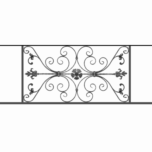 Appui de fenêtre type AF013 à sceller dans votre tableau de fenêtre. Longueur finie de 1460mm et Hauteur finie de 568mm. Convient pour les tableaux de fenêtre de 1360mm. 50mm de scellement sont prévue de chaque côté. Main courante laminée de 1360mm de long en fer forgé sur le dessus. Motif au centre de 1010mm de long par 540mm de haut. Le reste de la structure est en tube acier carré de 20mm de section.