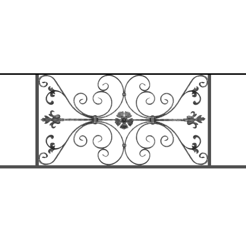 Appui de fenêtre type AF013 à sceller dans votre tableau de fenêtre. Longueur finie de 1470mm et Hauteur finie de 568mm. Convient pour les tableaux de fenêtre de 1370mm. 50mm de scellement sont prévue de chaque côté. Main courante laminée de 1370mm de long en fer forgé sur le dessus. Motif au centre de 1010mm de long par 540mm de haut. Le reste de la structure est en tube acier carré de 20mm de section.