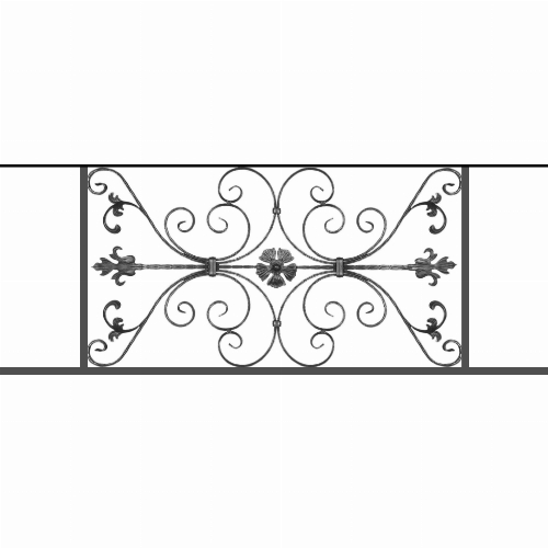 Appui de fenêtre type AF013 à sceller dans votre tableau de fenêtre. Longueur finie de 1480mm et Hauteur finie de 568mm. Convient pour les tableaux de fenêtre de 1380mm. 50mm de scellement sont prévue de chaque côté. Main courante laminée de 1380mm de long en fer forgé sur le dessus. Motif au centre de 1010mm de long par 540mm de haut. Le reste de la structure est en tube acier carré de 20mm de section.