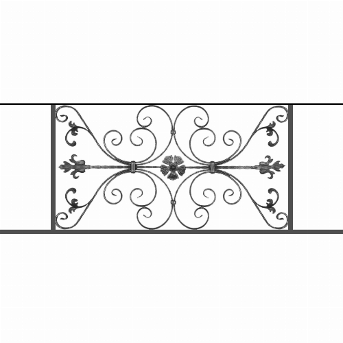 Appui de fenêtre type AF013 à sceller dans votre tableau de fenêtre. Longueur finie de 1490mm et Hauteur finie de 568mm. Convient pour les tableaux de fenêtre de 1390mm. 50mm de scellement sont prévue de chaque côté. Main courante laminée de 1390mm de long en fer forgé sur le dessus. Motif au centre de 1010mm de long par 540mm de haut. Le reste de la structure est en tube acier carré de 20mm de section.
