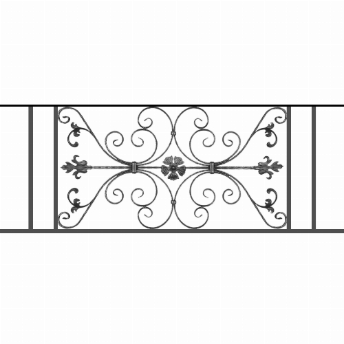 Appui de fenêtre type AF013 à sceller dans votre tableau de fenêtre. Longueur finie de 1520mm et Hauteur finie de 568mm. Convient pour les tableaux de fenêtre de 1420mm. 50mm de scellement sont prévue de chaque côté. Main courante laminée de 1420mm de long en fer forgé sur le dessus. Motif au centre de 1010mm de long par 540mm de haut. Le reste de la structure est en tube acier carré de 20mm de section.