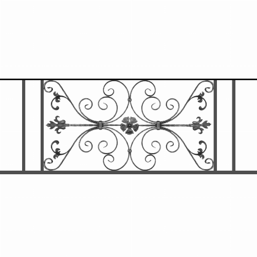 Appui de fenêtre type AF013 à sceller dans votre tableau de fenêtre. Longueur finie de 1530mm et Hauteur finie de 568mm. Convient pour les tableaux de fenêtre de 1430mm. 50mm de scellement sont prévue de chaque côté. Main courante laminée de 1430mm de long en fer forgé sur le dessus. Motif au centre de 1010mm de long par 540mm de haut. Le reste de la structure est en tube acier carré de 20mm de section.
