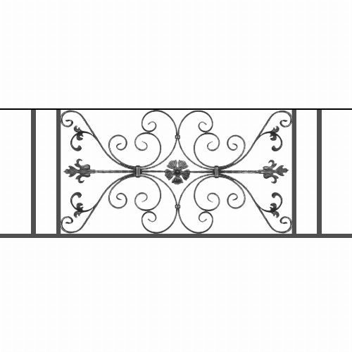 Appui de fenêtre type AF013 à sceller dans votre tableau de fenêtre. Longueur finie de 1540mm et Hauteur finie de 568mm. Convient pour les tableaux de fenêtre de 1440mm. 50mm de scellement sont prévue de chaque côté. Main courante laminée de 1440mm de long en fer forgé sur le dessus. Motif au centre de 1010mm de long par 540mm de haut. Le reste de la structure est en tube acier carré de 20mm de section.