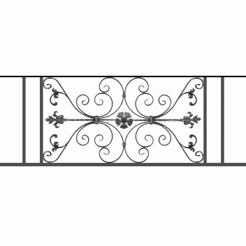 Appui de fenêtre type AF013 à sceller dans votre tableau de fenêtre. Longueur finie de 1550mm et Hauteur finie de 568mm. Convient pour les tableaux de fenêtre de 1450mm. 50mm de scellement sont prévue de chaque côté. Main courante laminée de 1450mm de long en fer forgé sur le dessus. Motif au centre de 1010mm de long par 540mm de haut. Le reste de la structure est en tube acier carré de 20mm de section.