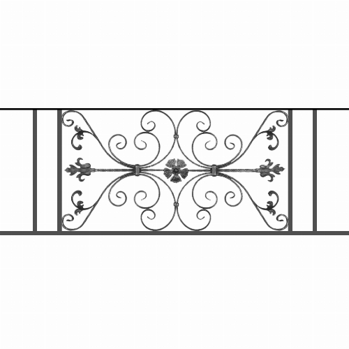 Appui de fenêtre type AF013 à sceller dans votre tableau de fenêtre. Longueur finie de 1560mm et Hauteur finie de 568mm. Convient pour les tableaux de fenêtre de 1460mm. 50mm de scellement sont prévue de chaque côté. Main courante laminée de 1460mm de long en fer forgé sur le dessus. Motif au centre de 1010mm de long par 540mm de haut. Le reste de la structure est en tube acier carré de 20mm de section.