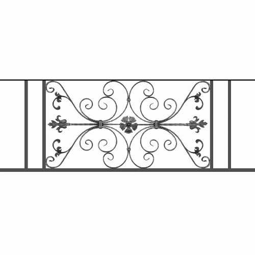 Appui de fenêtre type AF013 à sceller dans votre tableau de fenêtre. Longueur finie de 1570mm et Hauteur finie de 568mm. Convient pour les tableaux de fenêtre de 1470mm. 50mm de scellement sont prévue de chaque côté. Main courante laminée de 1470mm de long en fer forgé sur le dessus. Motif au centre de 1010mm de long par 540mm de haut. Le reste de la structure est en tube acier carré de 20mm de section.