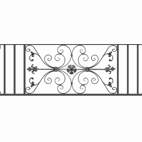 Appui de fenêtre type AF013 à visser dans votre tableau de fenêtre. Longueur finie de 1570mm et Hauteur finie de 568mm. Convient pour les tableaux de fenêtre de 1570mm. Main courante laminée de 1570mm de long en fer forgé sur le dessus. Motif au centre de 1010mm de long par 540mm de haut. Le reste de la structure est en tube acier carré de 20mm de section.