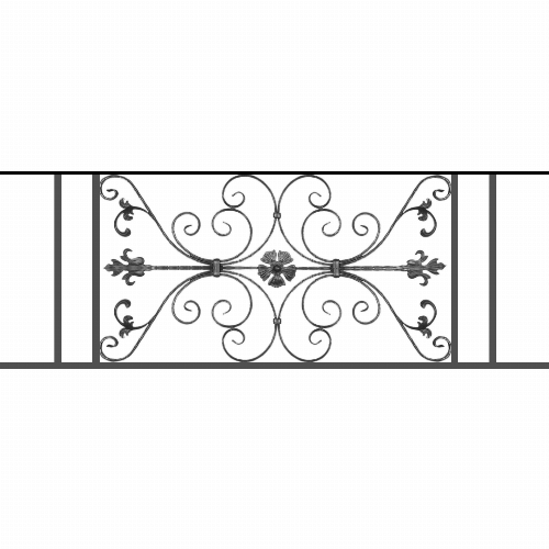 Appui de fenêtre type AF013 à sceller dans votre tableau de fenêtre. Longueur finie de 1580mm et Hauteur finie de 568mm. Convient pour les tableaux de fenêtre de 1480mm. 50mm de scellement sont prévue de chaque côté. Main courante laminée de 1480mm de long en fer forgé sur le dessus. Motif au centre de 1010mm de long par 540mm de haut. Le reste de la structure est en tube acier carré de 20mm de section.