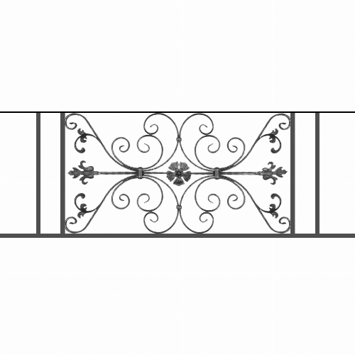 Appui de fenêtre type AF013 à sceller dans votre tableau de fenêtre. Longueur finie de 1590mm et Hauteur finie de 568mm. Convient pour les tableaux de fenêtre de 1490mm. 50mm de scellement sont prévue de chaque côté. Main courante laminée de 1490mm de long en fer forgé sur le dessus. Motif au centre de 1010mm de long par 540mm de haut. Le reste de la structure est en tube acier carré de 20mm de section.