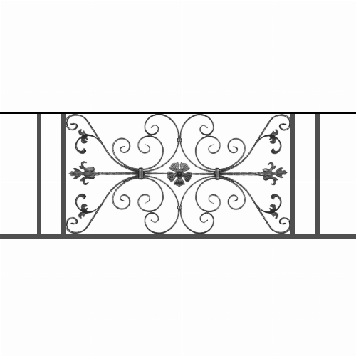 Appui de fenêtre type AF013 à sceller dans votre tableau de fenêtre. Longueur finie de 1600mm et Hauteur finie de 568mm. Convient pour les tableaux de fenêtre de 1500mm. 50mm de scellement sont prévue de chaque côté. Main courante laminée de 1500mm de long en fer forgé sur le dessus. Motif au centre de 1010mm de long par 540mm de haut. Le reste de la structure est en tube acier carré de 20mm de section.