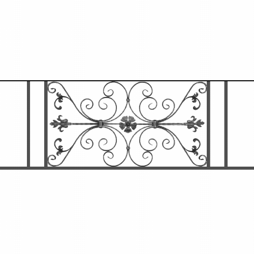 Appui de fenêtre type AF013 à sceller dans votre tableau de fenêtre. Longueur finie de 1610mm et Hauteur finie de 568mm. Convient pour les tableaux de fenêtre de 1510mm. 50mm de scellement sont prévue de chaque côté. Main courante laminée de 1510mm de long en fer forgé sur le dessus. Motif au centre de 1010mm de long par 540mm de haut. Le reste de la structure est en tube acier carré de 20mm de section.
