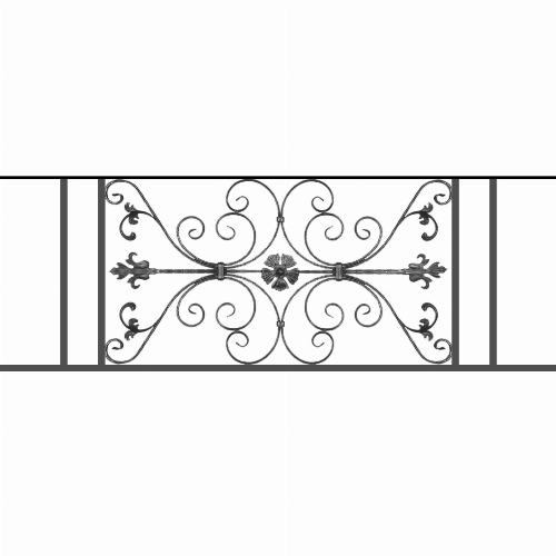 Appui de fenêtre type AF013 à sceller dans votre tableau de fenêtre. Longueur finie de 1620mm et Hauteur finie de 568mm. Convient pour les tableaux de fenêtre de 1520mm. 50mm de scellement sont prévue de chaque côté. Main courante laminée de 1520mm de long en fer forgé sur le dessus. Motif au centre de 1010mm de long par 540mm de haut. Le reste de la structure est en tube acier carré de 20mm de section.