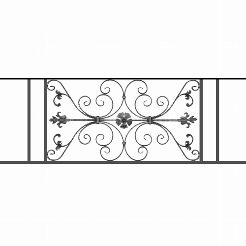 Appui de fenêtre type AF013 à sceller dans votre tableau de fenêtre. Longueur finie de 1630mm et Hauteur finie de 568mm. Convient pour les tableaux de fenêtre de 1530mm. 50mm de scellement sont prévue de chaque côté. Main courante laminée de 1530mm de long en fer forgé sur le dessus. Motif au centre de 1010mm de long par 540mm de haut. Le reste de la structure est en tube acier carré de 20mm de section.