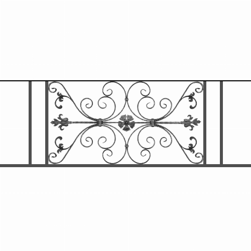 Appui de fenêtre type AF013 à sceller dans votre tableau de fenêtre. Longueur finie de 1640mm et Hauteur finie de 568mm. Convient pour les tableaux de fenêtre de 1540mm. 50mm de scellement sont prévue de chaque côté. Main courante laminée de 1540mm de long en fer forgé sur le dessus. Motif au centre de 1010mm de long par 540mm de haut. Le reste de la structure est en tube acier carré de 20mm de section.
