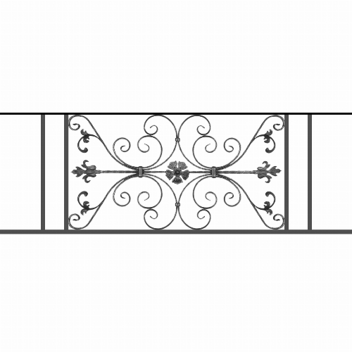 Appui de fenêtre type AF013 à sceller dans votre tableau de fenêtre. Longueur finie de 1650mm et Hauteur finie de 568mm. Convient pour les tableaux de fenêtre de 1550mm. 50mm de scellement sont prévue de chaque côté. Main courante laminée de 1550mm de long en fer forgé sur le dessus. Motif au centre de 1010mm de long par 540mm de haut. Le reste de la structure est en tube acier carré de 20mm de section.