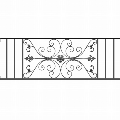 Appui de fenêtre type AF013 à visser dans votre tableau de fenêtre. Longueur finie de 1650mm et Hauteur finie de 568mm. Convient pour les tableaux de fenêtre de 1650mm. Main courante laminée de 1650mm de long en fer forgé sur le dessus. Motif au centre de 1010mm de long par 540mm de haut. Le reste de la structure est en tube acier carré de 20mm de section.