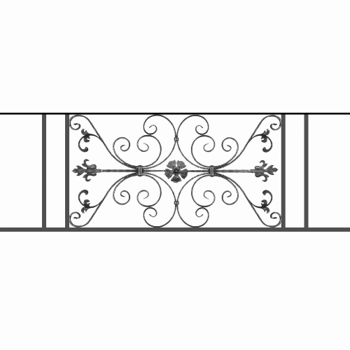 Appui de fenêtre type AF013 à sceller dans votre tableau de fenêtre. Longueur finie de 1670mm et Hauteur finie de 568mm. Convient pour les tableaux de fenêtre de 1570mm. 50mm de scellement sont prévue de chaque côté. Main courante laminée de 1570mm de long en fer forgé sur le dessus. Motif au centre de 1010mm de long par 540mm de haut. Le reste de la structure est en tube acier carré de 20mm de section.