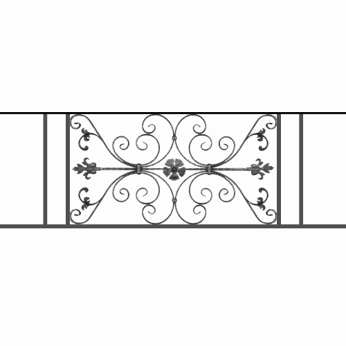 Appui de fenêtre type AF013 à sceller dans votre tableau de fenêtre. Longueur finie de 1690mm et Hauteur finie de 568mm. Convient pour les tableaux de fenêtre de 1590mm. 50mm de scellement sont prévue de chaque côté. Main courante laminée de 1590mm de long en fer forgé sur le dessus. Motif au centre de 1010mm de long par 540mm de haut. Le reste de la structure est en tube acier carré de 20mm de section.