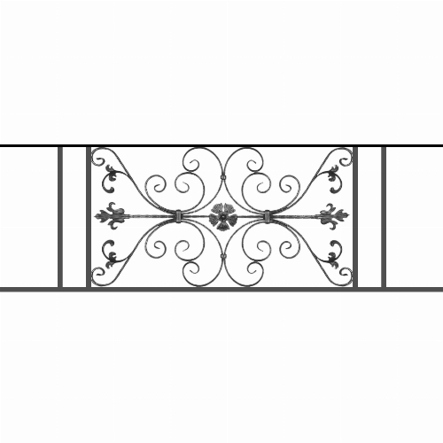 Appui de fenêtre type AF013 à sceller dans votre tableau de fenêtre. Longueur finie de 1710mm et Hauteur finie de 568mm. Convient pour les tableaux de fenêtre de 1610mm. 50mm de scellement sont prévue de chaque côté. Main courante laminée de 1610mm de long en fer forgé sur le dessus. Motif au centre de 1010mm de long par 540mm de haut. Le reste de la structure est en tube acier carré de 20mm de section.