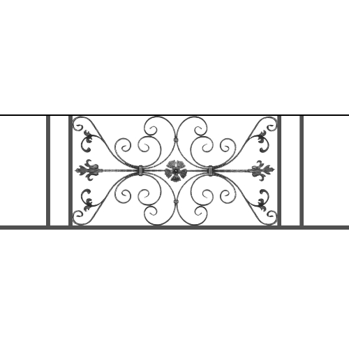 Appui de fenêtre type AF013 à sceller dans votre tableau de fenêtre. Longueur finie de 1720mm et Hauteur finie de 568mm. Convient pour les tableaux de fenêtre de 1620mm. 50mm de scellement sont prévue de chaque côté. Main courante laminée de 1620mm de long en fer forgé sur le dessus. Motif au centre de 1010mm de long par 540mm de haut. Le reste de la structure est en tube acier carré de 20mm de section.