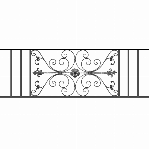 Appui de fenêtre type AF013 à sceller dans votre tableau de fenêtre. Longueur finie de 1730mm et Hauteur finie de 568mm. Convient pour les tableaux de fenêtre de 1630mm. 50mm de scellement sont prévue de chaque côté. Main courante laminée de 1630mm de long en fer forgé sur le dessus. Motif au centre de 1010mm de long par 540mm de haut. Le reste de la structure est en tube acier carré de 20mm de section.