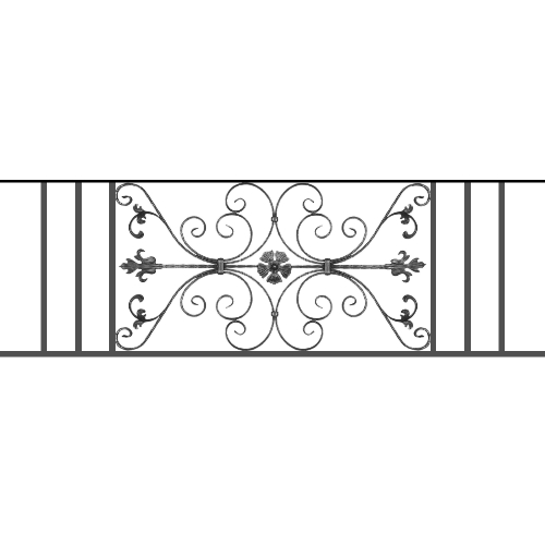 Appui de fenêtre type AF013 à sceller dans votre tableau de fenêtre. Longueur finie de 1750mm et Hauteur finie de 568mm. Convient pour les tableaux de fenêtre de 1650mm. 50mm de scellement sont prévue de chaque côté. Main courante laminée de 1650mm de long en fer forgé sur le dessus. Motif au centre de 1010mm de long par 540mm de haut. Le reste de la structure est en tube acier carré de 20mm de section.