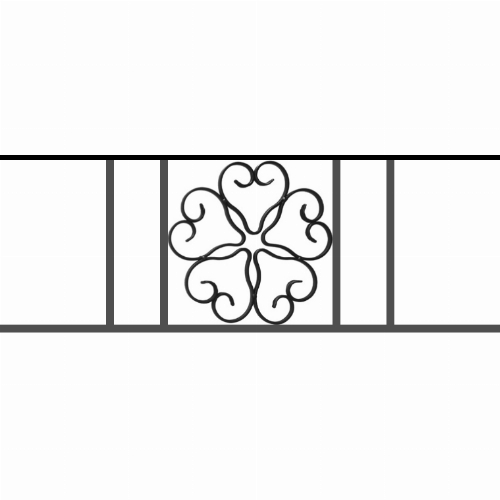 Appui de fenêtre type AFEF21 à sceller dans votre tableau de fenêtre. Longueur finie de 760mm et Hauteur finie de 270mm. Convient pour les tableaux de fenêtre de 660mm. 50mm de scellement sont prévue de chaque côté. Main courante laminée de 660mm de long en fer forgé sur le dessus. Motif au centre de 250mm de long par 250mm de haut. Le reste de la structure est en acier carré plein de 12mm de section.