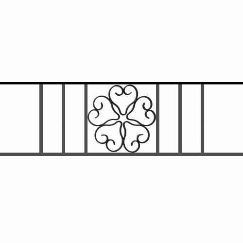 Appui de fenêtre type AFEF21 à sceller dans votre tableau de fenêtre. Longueur finie de 890mm et Hauteur finie de 270mm. Convient pour les tableaux de fenêtre de 790mm. 50mm de scellement sont prévue de chaque côté. Main courante laminée de 790mm de long en fer forgé sur le dessus. Motif au centre de 250mm de long par 250mm de haut. Le reste de la structure est en acier carré plein de 12mm de section.