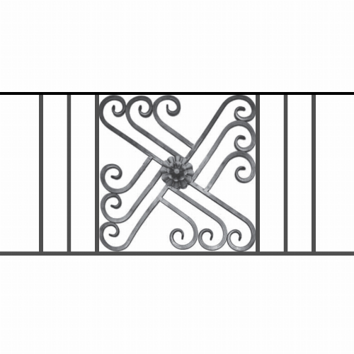 Appui de fenêtre type AFEF22 à sceller dans votre tableau de fenêtre. Longueur finie de 1040mm et Hauteur finie de 480mm. Convient pour les tableaux de fenêtre de 940mm. 50mm de scellement sont prévue de chaque côté. Main courante laminée de 940mm de long en fer forgé sur le dessus. Motif au centre de 460mm de long par 460mm de haut. Le reste de la structure est en acier carré plein de 12mm de section.