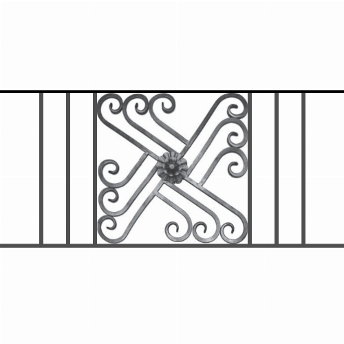 Appui de fenêtre type AFEF22 à sceller dans votre tableau de fenêtre. Longueur finie de 1050mm et Hauteur finie de 480mm. Convient pour les tableaux de fenêtre de 950mm. 50mm de scellement sont prévue de chaque côté. Main courante laminée de 950mm de long en fer forgé sur le dessus. Motif au centre de 460mm de long par 460mm de haut. Le reste de la structure est en acier carré plein de 12mm de section.