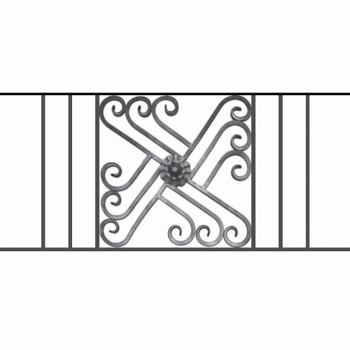 Appui de fenêtre type AFEF22 à sceller dans votre tableau de fenêtre. Longueur finie de 1060mm et Hauteur finie de 480mm. Convient pour les tableaux de fenêtre de 960mm. 50mm de scellement sont prévue de chaque côté. Main courante laminée de 960mm de long en fer forgé sur le dessus. Motif au centre de 460mm de long par 460mm de haut. Le reste de la structure est en acier carré plein de 12mm de section.