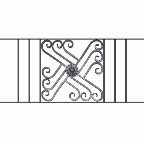 Appui de fenêtre type AFEF22 à sceller dans votre tableau de fenêtre. Longueur finie de 1070mm et Hauteur finie de 480mm. Convient pour les tableaux de fenêtre de 970mm. 50mm de scellement sont prévue de chaque côté. Main courante laminée de 970mm de long en fer forgé sur le dessus. Motif au centre de 460mm de long par 460mm de haut. Le reste de la structure est en acier carré plein de 12mm de section.