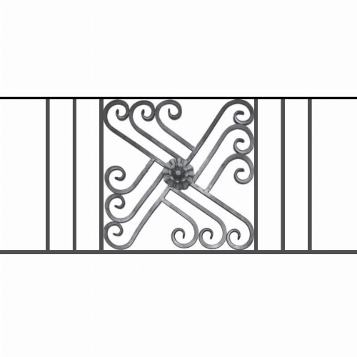 Appui de fenêtre type AFEF22 à sceller dans votre tableau de fenêtre. Longueur finie de 1090mm et Hauteur finie de 480mm. Convient pour les tableaux de fenêtre de 990mm. 50mm de scellement sont prévue de chaque côté. Main courante laminée de 990mm de long en fer forgé sur le dessus. Motif au centre de 460mm de long par 460mm de haut. Le reste de la structure est en acier carré plein de 12mm de section.