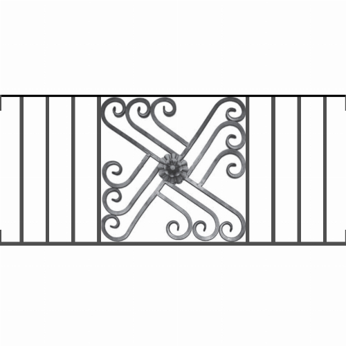 Appui de fenêtre type AFEF22 à visser dans votre tableau de fenêtre. Longueur finie de 1100mm et Hauteur finie de 480mm. Convient pour les tableaux de fenêtre de 1100mm. Main courante laminée de 1100mm de long en fer forgé sur le dessus. Motif au centre de 460mm de long par 460mm de haut. Le reste de la structure est en acier carré plein de 12mm de section.