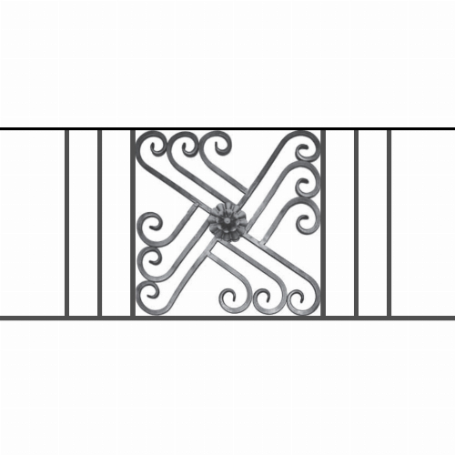 Appui de fenêtre type AFEF22 à sceller dans votre tableau de fenêtre. Longueur finie de 1130mm et Hauteur finie de 480mm. Convient pour les tableaux de fenêtre de 1030mm. 50mm de scellement sont prévue de chaque côté. Main courante laminée de 1030mm de long en fer forgé sur le dessus. Motif au centre de 460mm de long par 460mm de haut. Le reste de la structure est en acier carré plein de 12mm de section.