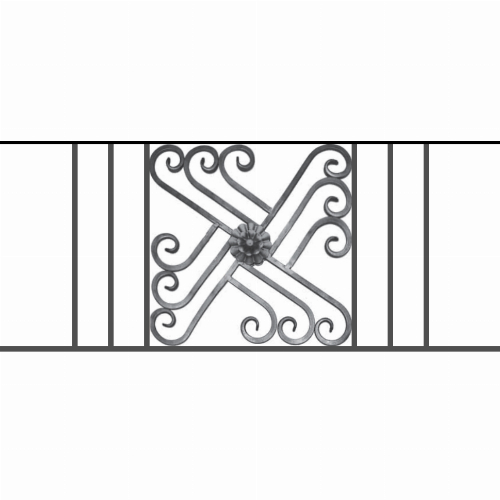 Appui de fenêtre type AFEF22 à sceller dans votre tableau de fenêtre. Longueur finie de 1140mm et Hauteur finie de 480mm. Convient pour les tableaux de fenêtre de 1040mm. 50mm de scellement sont prévue de chaque côté. Main courante laminée de 1040mm de long en fer forgé sur le dessus. Motif au centre de 460mm de long par 460mm de haut. Le reste de la structure est en acier carré plein de 12mm de section.