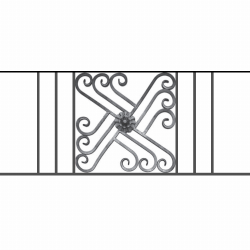 Appui de fenêtre type AFEF22 à sceller dans votre tableau de fenêtre. Longueur finie de 1150mm et Hauteur finie de 480mm. Convient pour les tableaux de fenêtre de 1050mm. 50mm de scellement sont prévue de chaque côté. Main courante laminée de 1050mm de long en fer forgé sur le dessus. Motif au centre de 460mm de long par 460mm de haut. Le reste de la structure est en acier carré plein de 12mm de section.