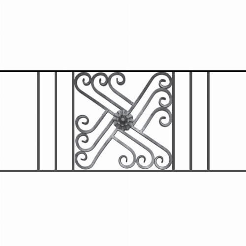 Appui de fenêtre type AFEF22 à sceller dans votre tableau de fenêtre. Longueur finie de 1160mm et Hauteur finie de 480mm. Convient pour les tableaux de fenêtre de 1060mm. 50mm de scellement sont prévue de chaque côté. Main courante laminée de 1060mm de long en fer forgé sur le dessus. Motif au centre de 460mm de long par 460mm de haut. Le reste de la structure est en acier carré plein de 12mm de section.