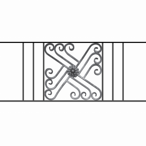 Appui de fenêtre type AFEF22 à sceller dans votre tableau de fenêtre. Longueur finie de 1170mm et Hauteur finie de 480mm. Convient pour les tableaux de fenêtre de 1070mm. 50mm de scellement sont prévue de chaque côté. Main courante laminée de 1070mm de long en fer forgé sur le dessus. Motif au centre de 460mm de long par 460mm de haut. Le reste de la structure est en acier carré plein de 12mm de section.