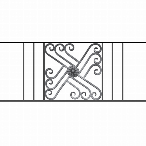 Appui de fenêtre type AFEF22 à sceller dans votre tableau de fenêtre. Longueur finie de 1180mm et Hauteur finie de 480mm. Convient pour les tableaux de fenêtre de 1080mm. 50mm de scellement sont prévue de chaque côté. Main courante laminée de 1080mm de long en fer forgé sur le dessus. Motif au centre de 460mm de long par 460mm de haut. Le reste de la structure est en acier carré plein de 12mm de section.