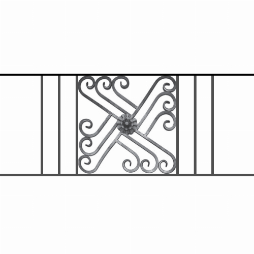 Appui de fenêtre type AFEF22 à sceller dans votre tableau de fenêtre. Longueur finie de 1190mm et Hauteur finie de 480mm. Convient pour les tableaux de fenêtre de 1090mm. 50mm de scellement sont prévue de chaque côté. Main courante laminée de 1090mm de long en fer forgé sur le dessus. Motif au centre de 460mm de long par 460mm de haut. Le reste de la structure est en acier carré plein de 12mm de section.