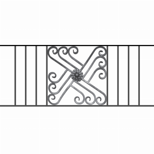 Appui de fenêtre type AFEF22 à sceller dans votre tableau de fenêtre. Longueur finie de 1200mm et Hauteur finie de 480mm. Convient pour les tableaux de fenêtre de 1100mm. 50mm de scellement sont prévue de chaque côté. Main courante laminée de 1100mm de long en fer forgé sur le dessus. Motif au centre de 460mm de long par 460mm de haut. Le reste de la structure est en acier carré plein de 12mm de section.