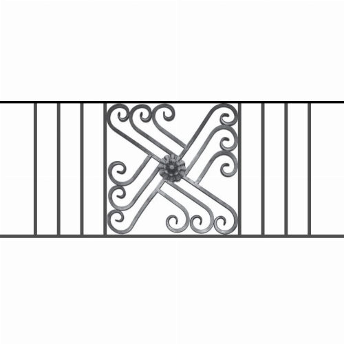Appui de fenêtre type AFEF22 à sceller dans votre tableau de fenêtre. Longueur finie de 1210mm et Hauteur finie de 480mm. Convient pour les tableaux de fenêtre de 1110mm. 50mm de scellement sont prévue de chaque côté. Main courante laminée de 1110mm de long en fer forgé sur le dessus. Motif au centre de 460mm de long par 460mm de haut. Le reste de la structure est en acier carré plein de 12mm de section.