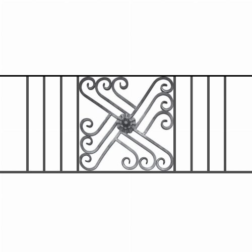 Appui de fenêtre type AFEF22 à sceller dans votre tableau de fenêtre. Longueur finie de 1230mm et Hauteur finie de 480mm. Convient pour les tableaux de fenêtre de 1130mm. 50mm de scellement sont prévue de chaque côté. Main courante laminée de 1130mm de long en fer forgé sur le dessus. Motif au centre de 460mm de long par 460mm de haut. Le reste de la structure est en acier carré plein de 12mm de section.