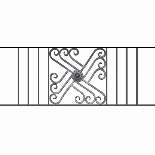 Appui de fenêtre type AFEF22 à sceller dans votre tableau de fenêtre. Longueur finie de 1260mm et Hauteur finie de 480mm. Convient pour les tableaux de fenêtre de 1160mm. 50mm de scellement sont prévue de chaque côté. Main courante laminée de 1160mm de long en fer forgé sur le dessus. Motif au centre de 460mm de long par 460mm de haut. Le reste de la structure est en acier carré plein de 12mm de section.
