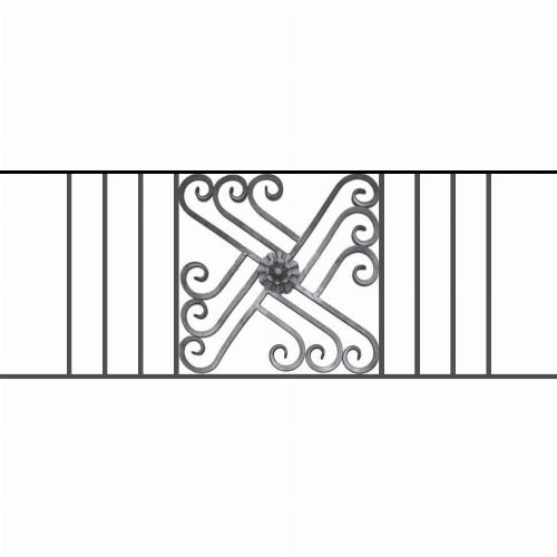 Appui de fenêtre type AFEF22 à sceller dans votre tableau de fenêtre. Longueur finie de 1280mm et Hauteur finie de 480mm. Convient pour les tableaux de fenêtre de 1180mm. 50mm de scellement sont prévue de chaque côté. Main courante laminée de 1180mm de long en fer forgé sur le dessus. Motif au centre de 460mm de long par 460mm de haut. Le reste de la structure est en acier carré plein de 12mm de section.