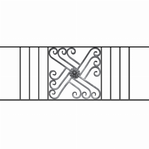 Appui de fenêtre type AFEF22 à sceller dans votre tableau de fenêtre. Longueur finie de 1320mm et Hauteur finie de 480mm. Convient pour les tableaux de fenêtre de 1220mm. 50mm de scellement sont prévue de chaque côté. Main courante laminée de 1220mm de long en fer forgé sur le dessus. Motif au centre de 460mm de long par 460mm de haut. Le reste de la structure est en acier carré plein de 12mm de section.