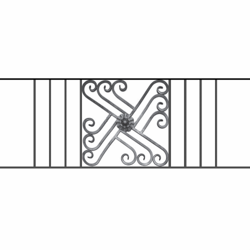 Appui de fenêtre type AFEF22 à sceller dans votre tableau de fenêtre. Longueur finie de 1330mm et Hauteur finie de 480mm. Convient pour les tableaux de fenêtre de 1230mm. 50mm de scellement sont prévue de chaque côté. Main courante laminée de 1230mm de long en fer forgé sur le dessus. Motif au centre de 460mm de long par 460mm de haut. Le reste de la structure est en acier carré plein de 12mm de section.